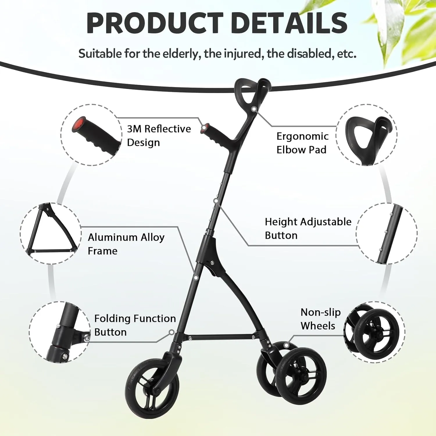 DAILYLIFE Rollator Walker for Seniors & Caregivers - Steerable Cane with 7.5" Wheels, Adjustable Height, Folding Design, Lightweight Aluminum Frame - Black