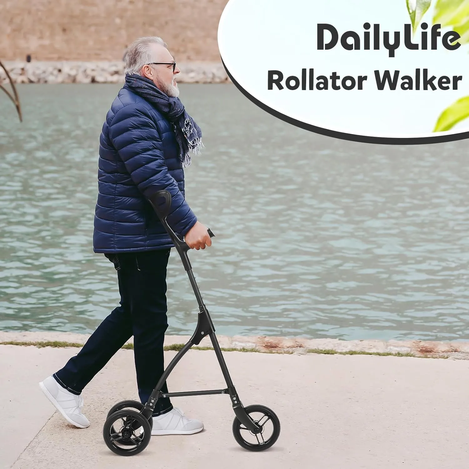 DAILYLIFE Rollator Walker for Seniors & Caregivers - Steerable Cane with 7.5" Wheels, Adjustable Height, Folding Design, Lightweight Aluminum Frame - Black