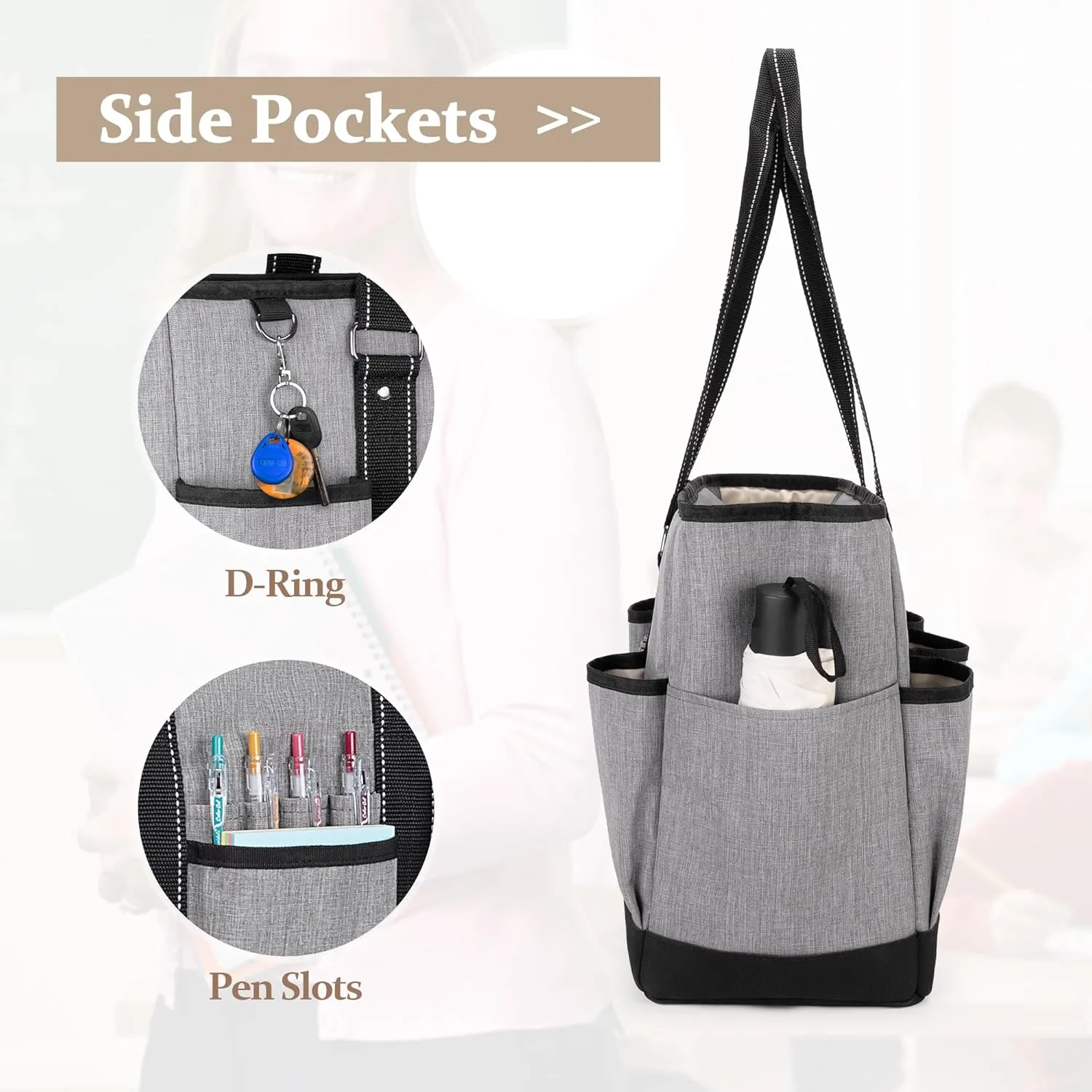 Damero Teacher Tote Bag with Padded Laptop Sleeve, Teacher Work Shoulder Bag for Office, Work or Travel, Gray