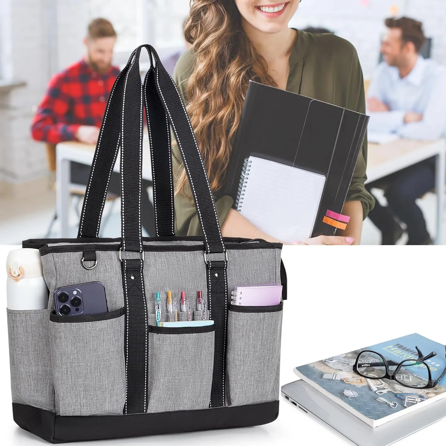 Damero Teacher Tote Bag with Padded Laptop Sleeve, Teacher Work Shoulder Bag for Office, Work or Travel, Gray