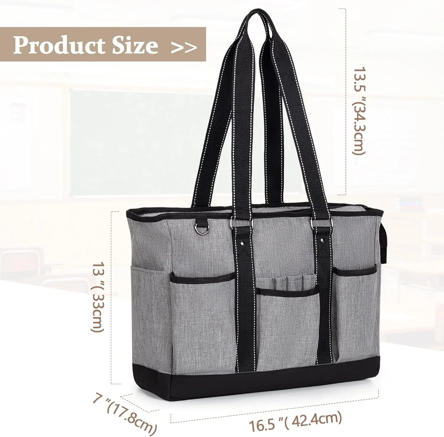 Damero Teacher Tote Bag with Padded Laptop Sleeve, Teacher Work Shoulder Bag for Office, Work or Travel, Gray