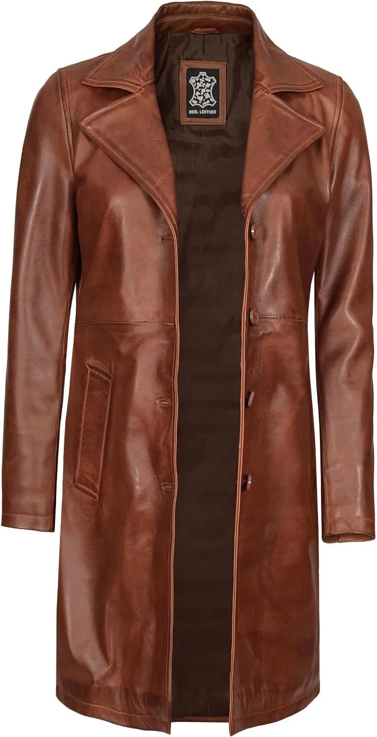 Decrum Leather Coat Women - Real Lambskin Women's Long Leather Car Coat
