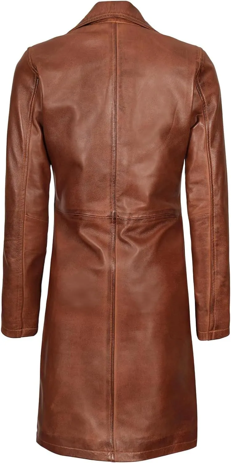 Decrum Leather Coat Women - Real Lambskin Women's Long Leather Car Coat