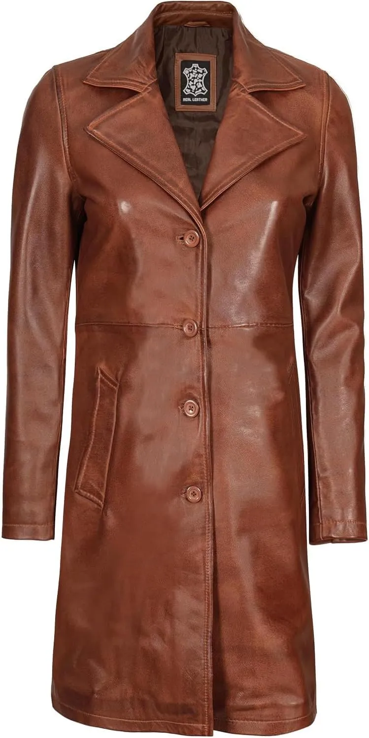 Decrum Leather Coat Women - Real Lambskin Women's Long Leather Car Coat