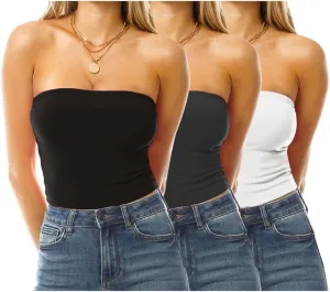 Design by Olivia Women's 3 Pack Double Layered Tube Tops Crop Tops Strapless Basic Backless Bandeau Bra Solid