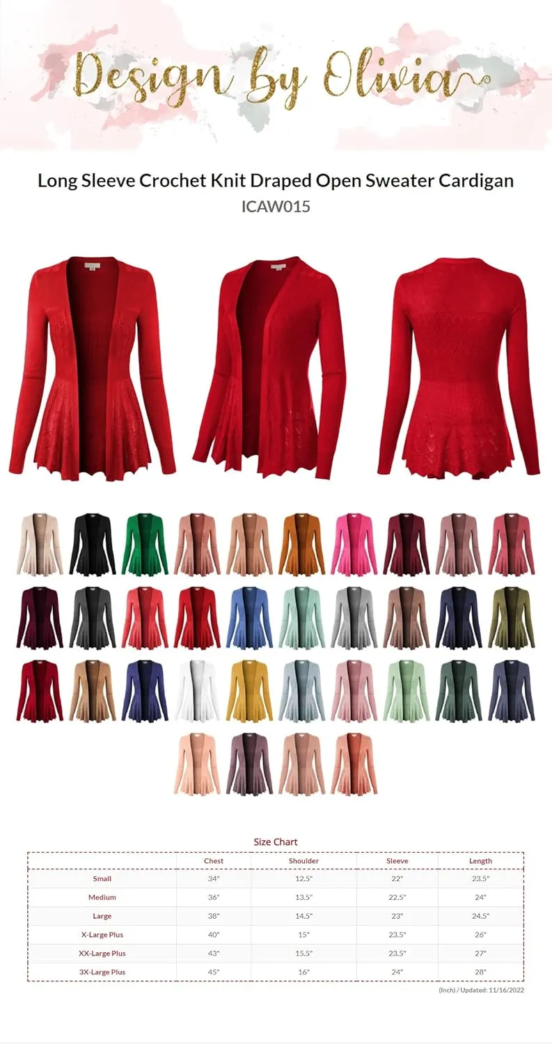 Design by Olivia Women's Long Sleeve Crochet Knit Draped Open Sweater Cardigan