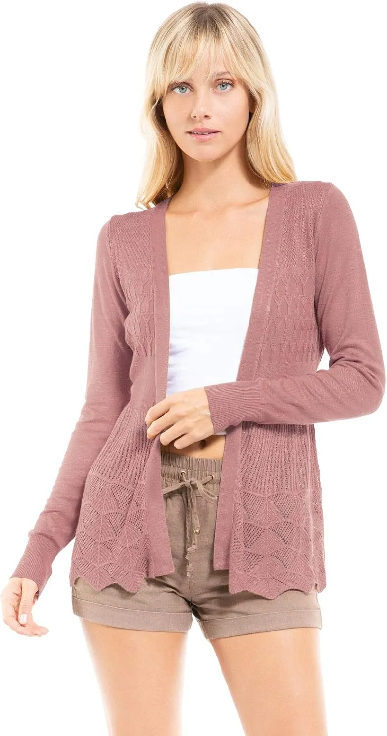 Design by Olivia Women's Long Sleeve Crochet Knit Draped Open Sweater Cardigan
