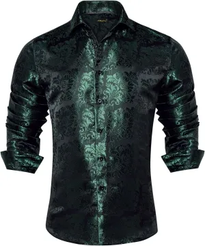 DiBanGu Mens Silk Paisley Dress Shirts,Long Sleeve Button Down Shirt Casual Regular Fit Shirt for Men Wedding Party