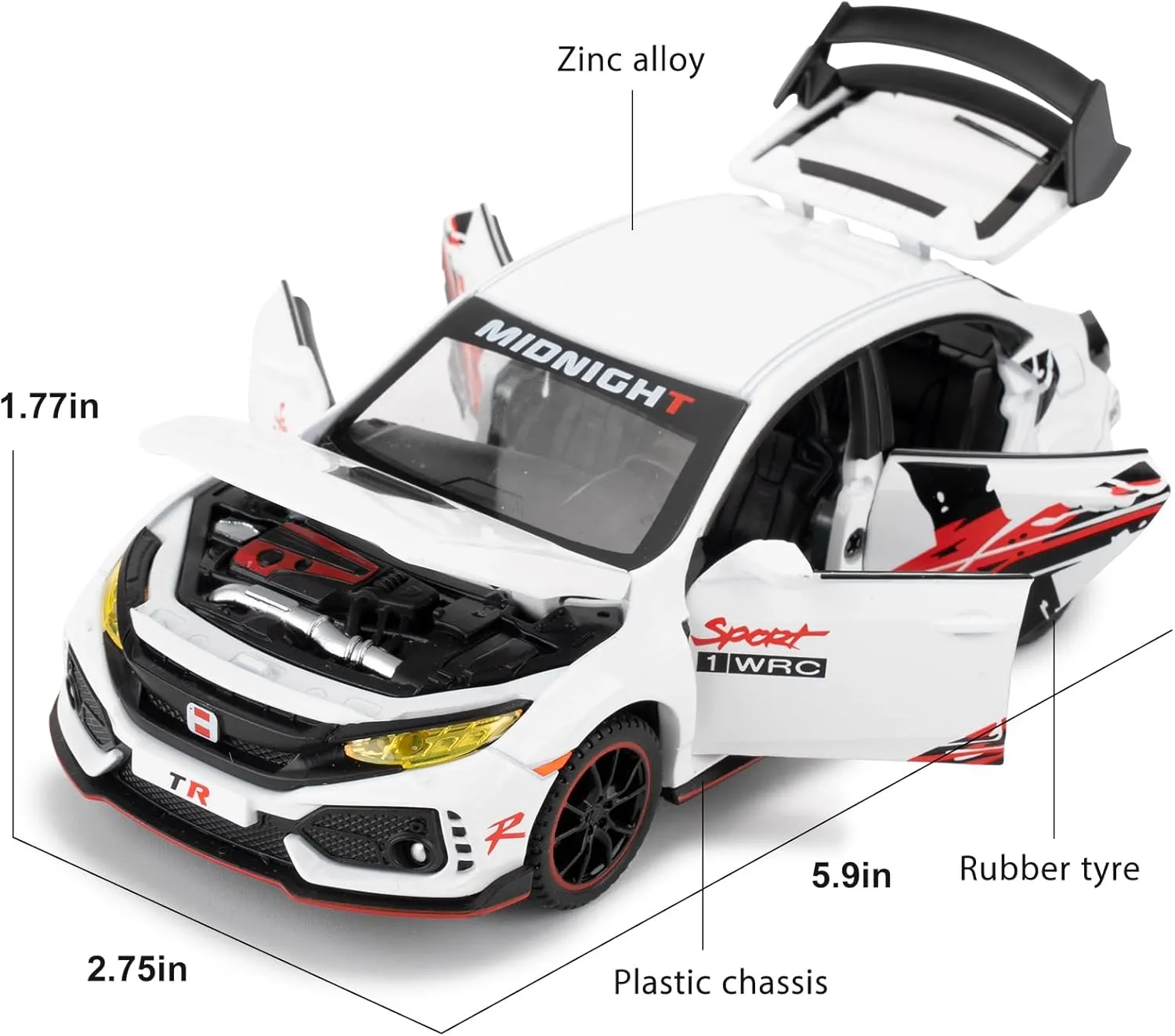 Diecast Car 1/32 for Civic Type-R Model Car Pull Back Toy Car with Light and Sound Model Vehicles for Boys Girls Gift(White)