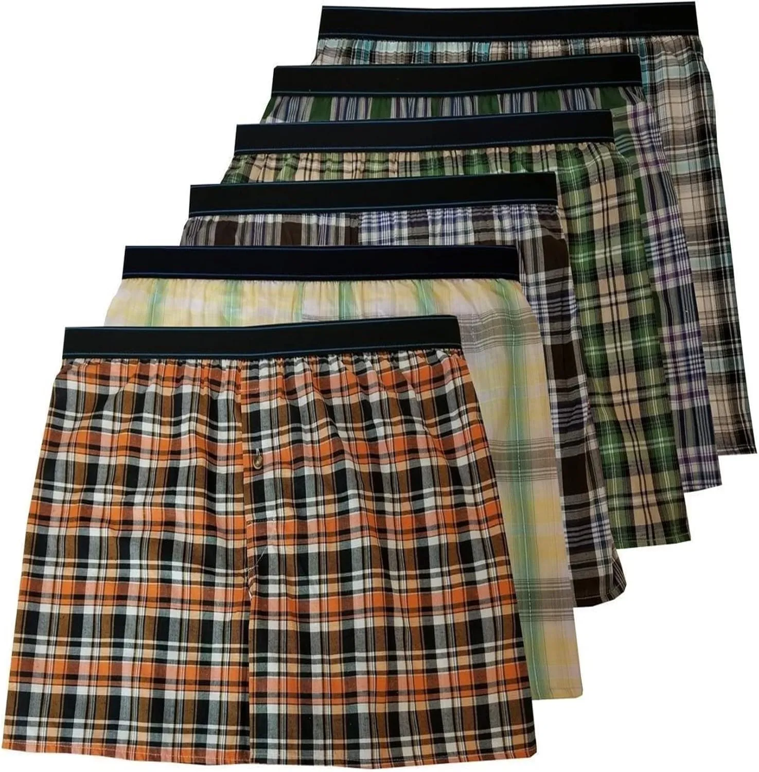 Different Touch Men's Exposed Waistband Woven Plaid Boxer Shorts Underwear (6 Pack)