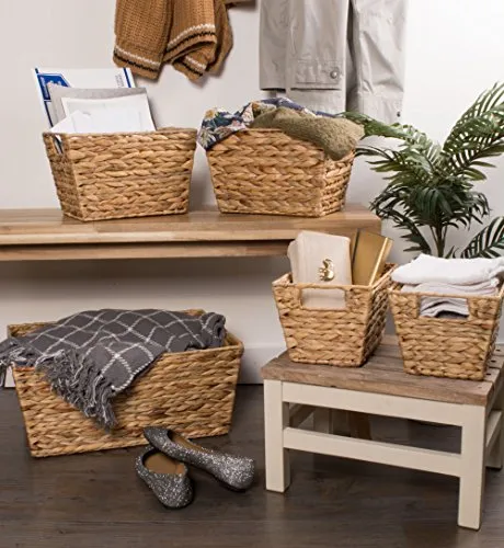 DII Natural Water Hyacinth Storage Basket with Handles, Beige