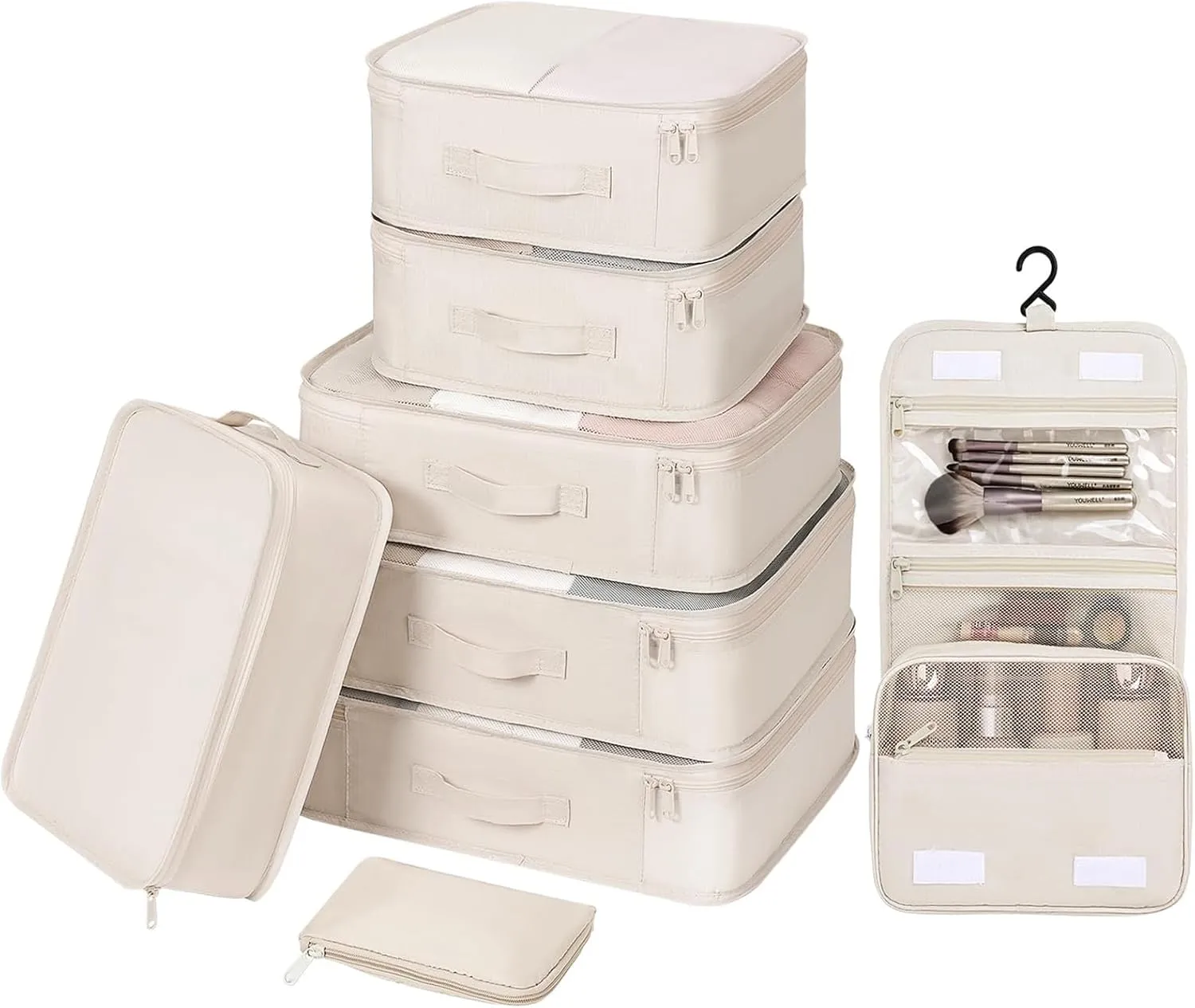 DIMJ Packing Cubes for Travel - Organizer Bags Set for Carry on Suitcase Lightweight Travel Cubes for luggage with Large Toiletries Bag (Cream)