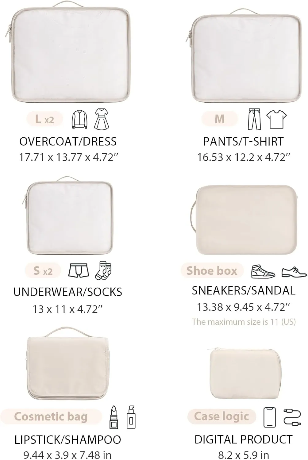 DIMJ Packing Cubes for Travel - Organizer Bags Set for Carry on Suitcase Lightweight Travel Cubes for luggage with Large Toiletries Bag (Cream)