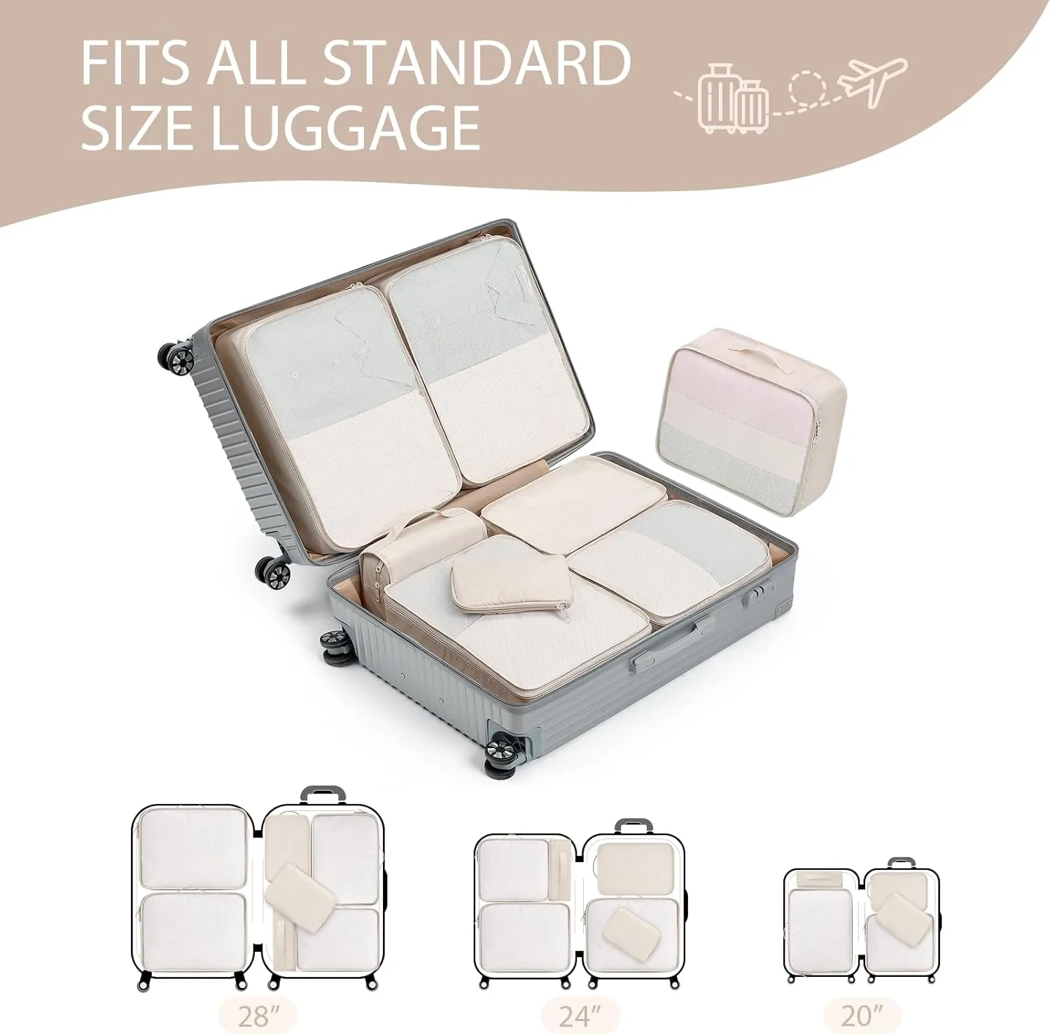 DIMJ Packing Cubes for Travel - Organizer Bags Set for Carry on Suitcase Lightweight Travel Cubes for luggage with Large Toiletries Bag (Cream)