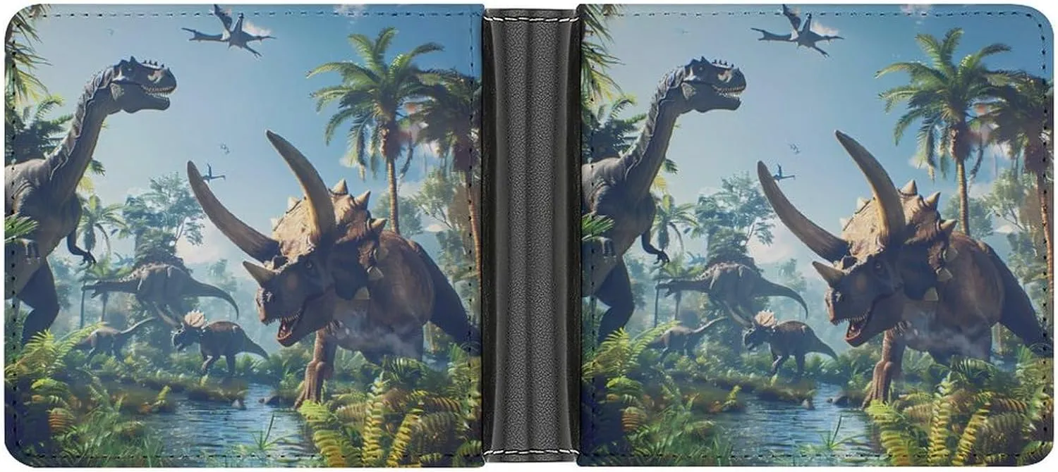 Dinosaurs Triceratops Pterosaur Leather Wallets for Men Slim Bifold Purse Clutch Double-Sided Printing