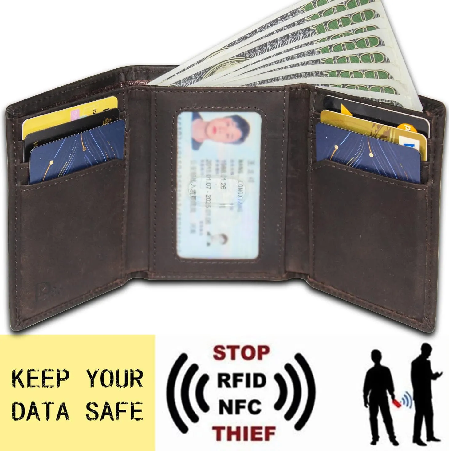 DK86 Trifold Wallet Full Grain Leather RFID Blocking Trifold Wallets for Men with ID Window Outdoor Wallet (Coffee)