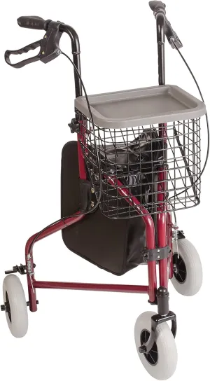 DMI 3-Wheel Folding Aluminum Rollator Walker with Swivel Front Wheel, Burgundy