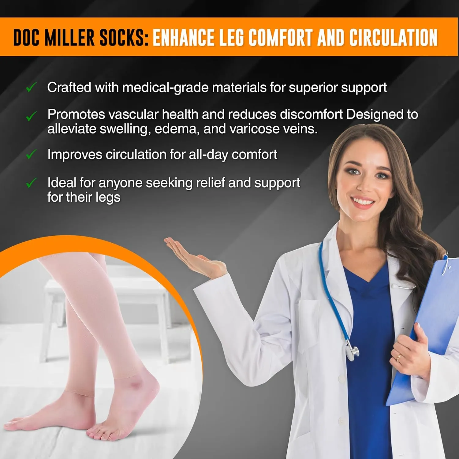 Doc Miller Compression Calf Sleeve for Men & Women, Premium Medical Grade, 20-30mmHg Graduated, Shin Splints, 1 Pair