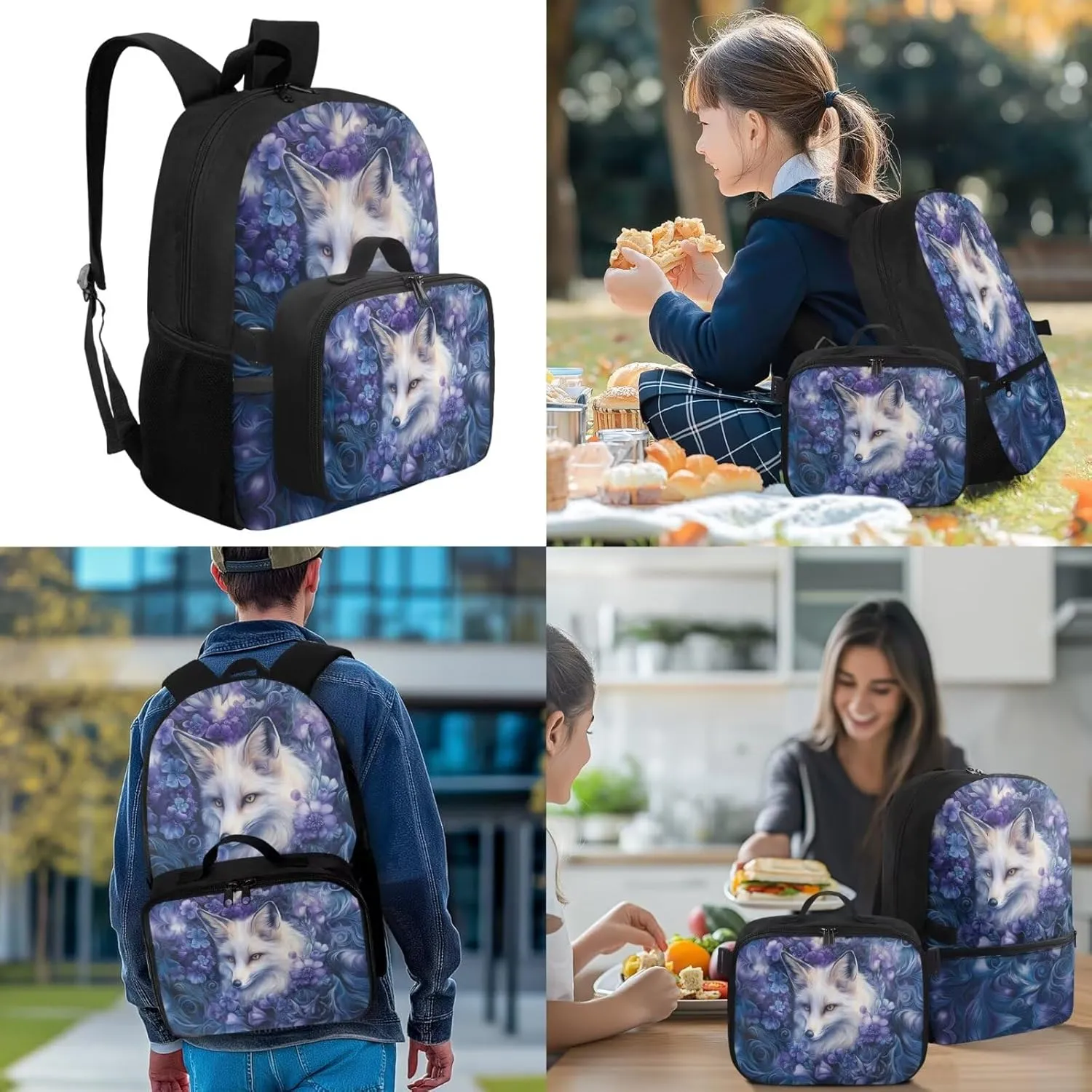 Doojoayie Personalized Bookbag and Lunch Box Set for Girls Fox Backpack with Custom Name Lightweight Travel Back Pack Cute Girls School Bag 3rd Grade Backpack