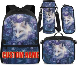 Doojoayie Personalized Bookbag and Lunch Box Set for Girls Fox Backpack with Custom Name Lightweight Travel Back Pack Cute Girls School Bag 3rd Grade Backpack