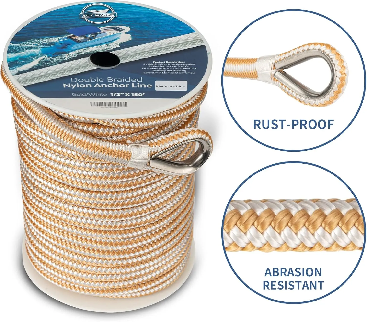 Double Braided Nylon Anchor Line with Stainless Thimble