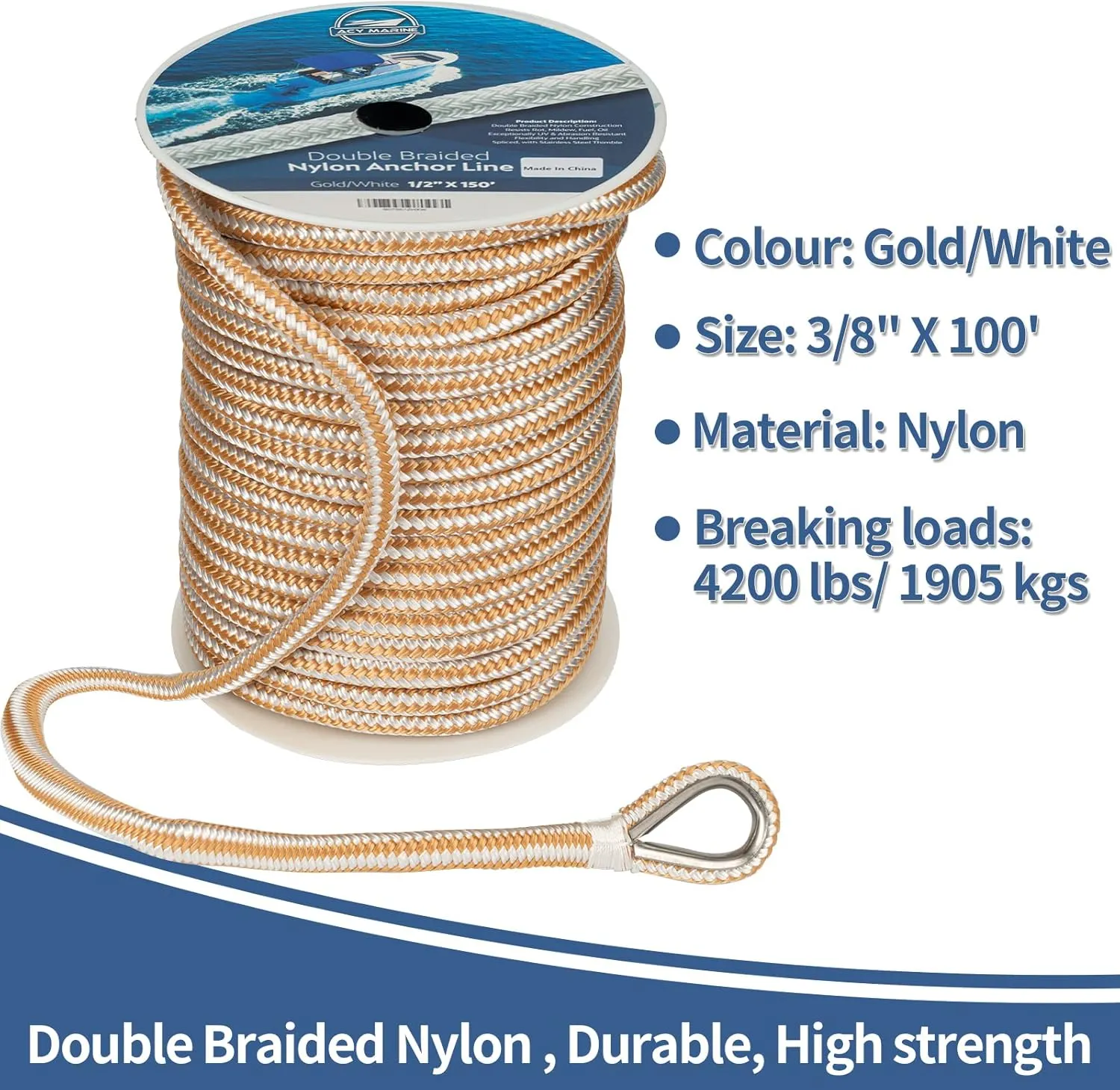 Double Braided Nylon Anchor Line with Stainless Thimble