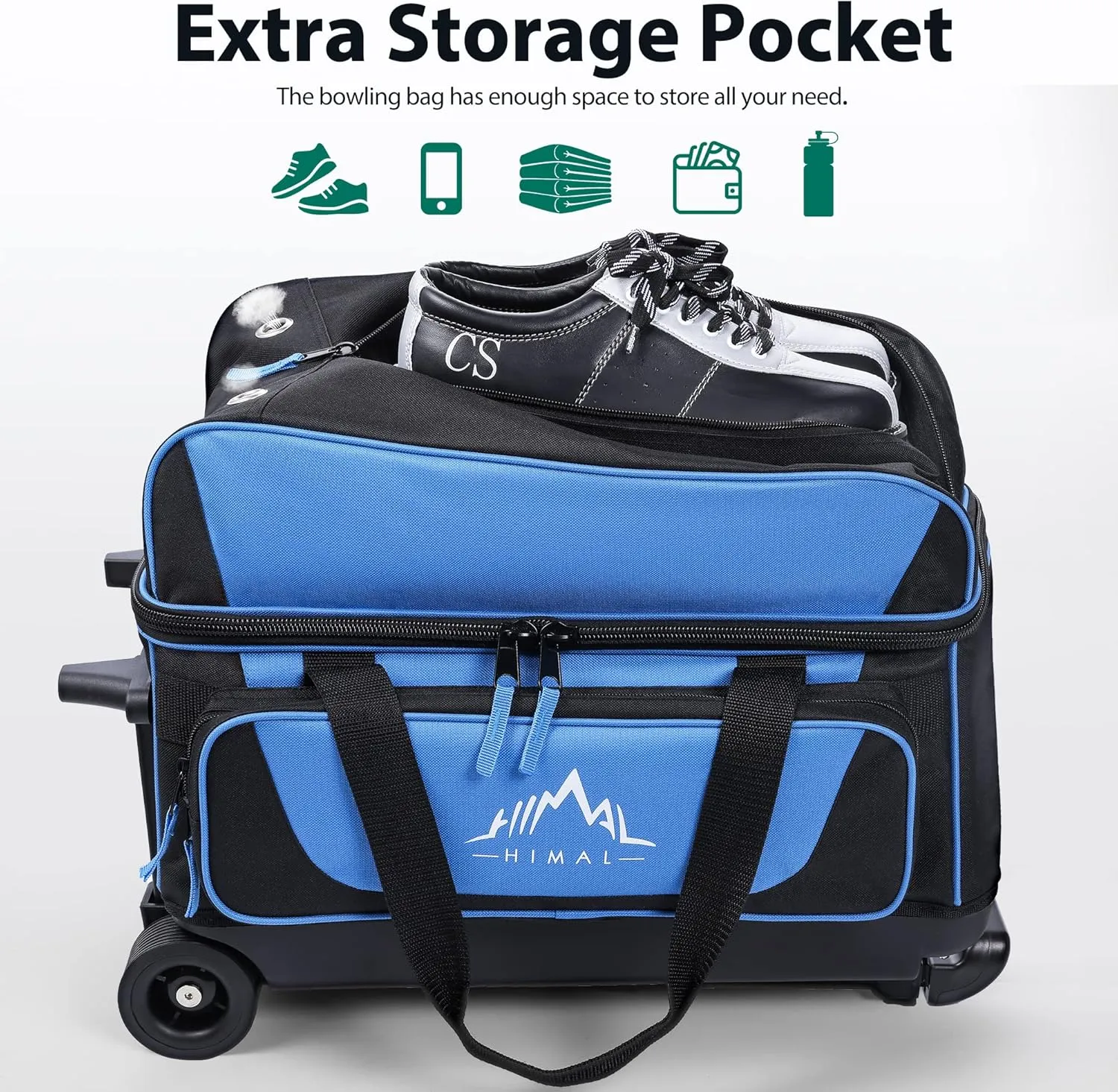 Double Roller 2 Ball Bowling Bag with Separate Shoe Compartment for Bowling Shoes (Up To US Mens Size 15) and Oversized Accessory Pocket, Retractable Handle - Extends to 40"