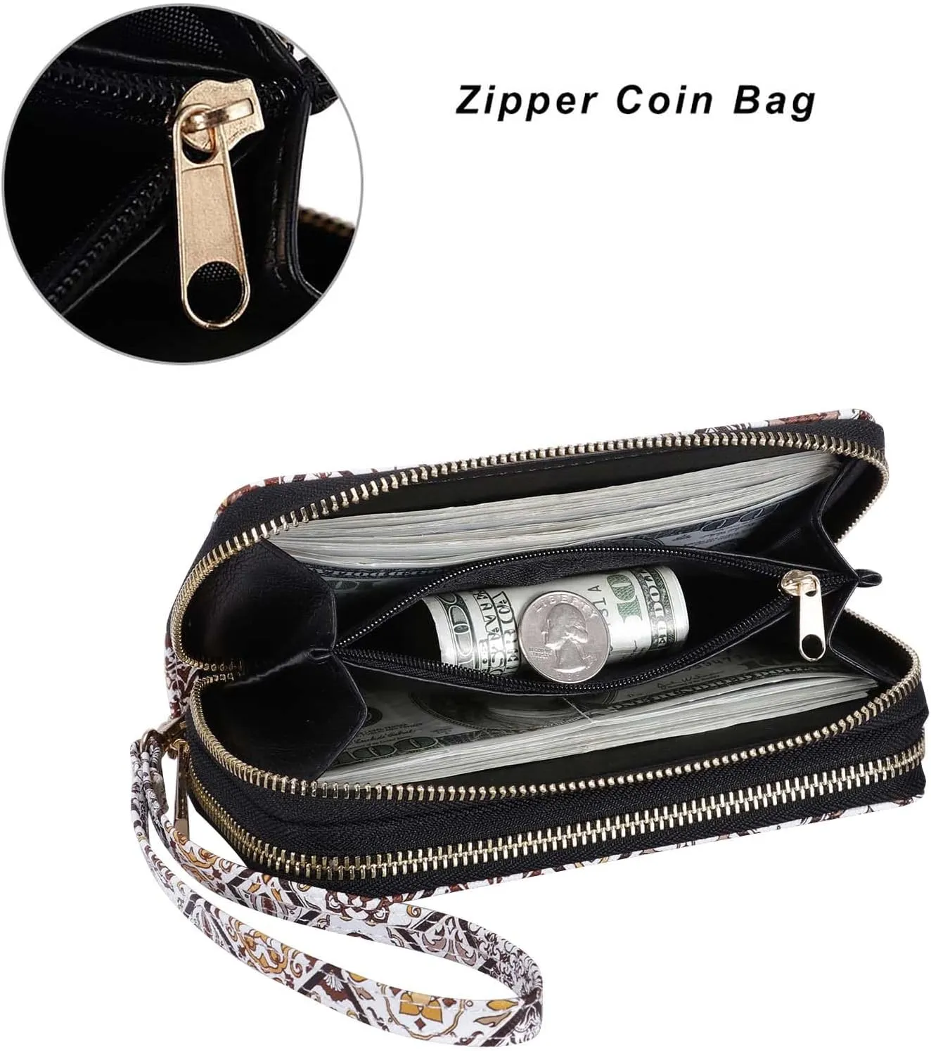 Double Zipper Wallet for Woman Clutch Purse with Cell Phone Holder for Smartphone/Card/Coin/Cash