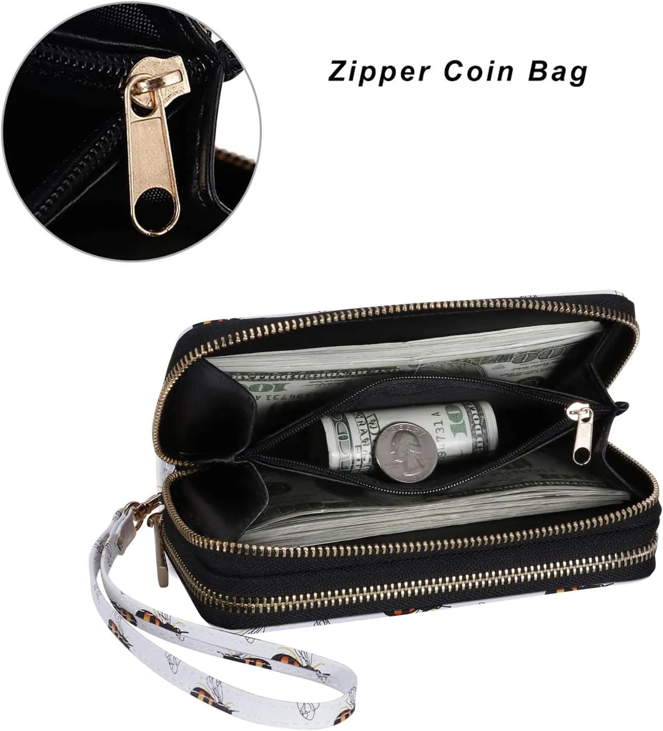 Double Zipper Wallet for Woman Clutch Purse with Cell Phone Holder for Smartphone/Card/Coin/Cash