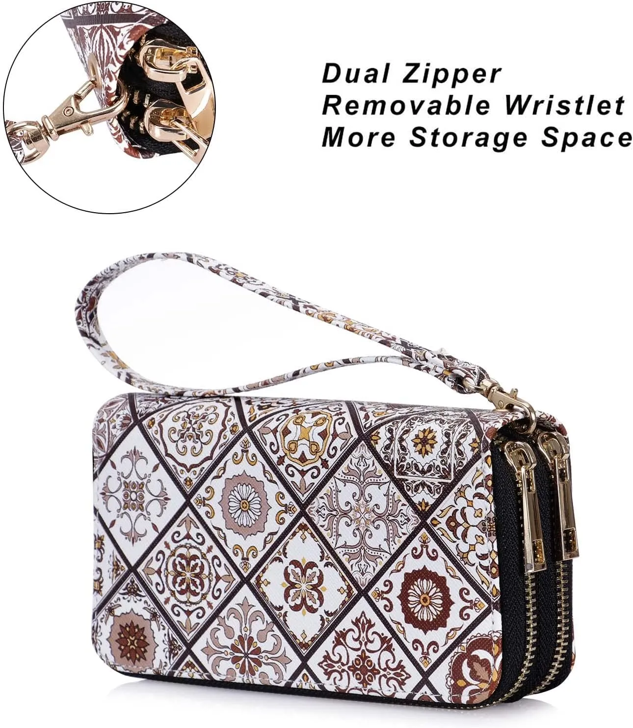 Double Zipper Wallet for Woman Clutch Purse with Cell Phone Holder for Smartphone/Card/Coin/Cash