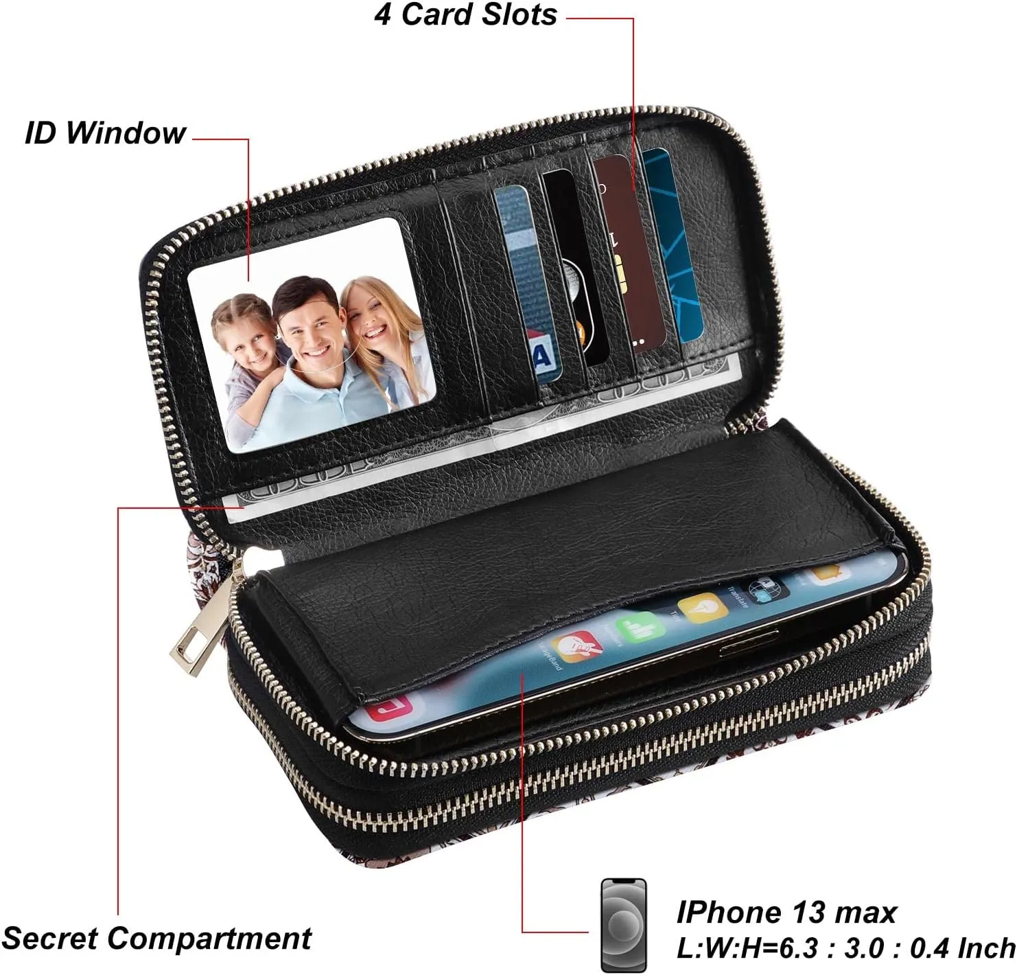Double Zipper Wallet for Woman Clutch Purse with Cell Phone Holder for Smartphone/Card/Coin/Cash