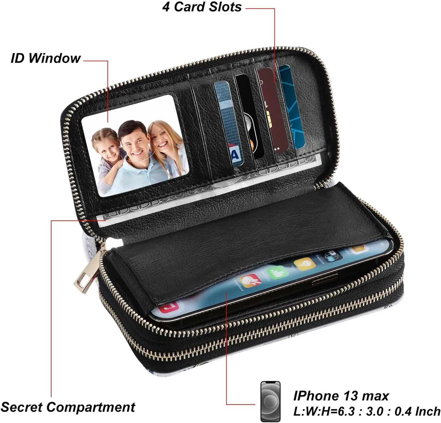 Double Zipper Wallet for Woman Clutch Purse with Cell Phone Holder for Smartphone/Card/Coin/Cash