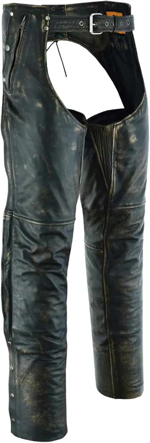 Dream Apparel Mens Distressed Brown Leather Motorcycle Riding Chaps with Zip Out Liner, Cowboy Biker Chaps Pants W/ 4 Pockets
