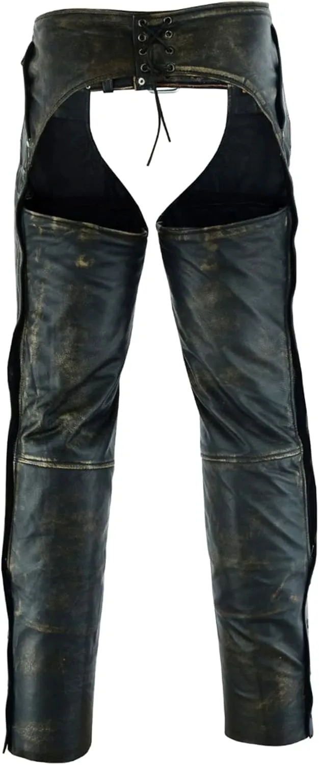 Dream Apparel Mens Distressed Brown Leather Motorcycle Riding Chaps with Zip Out Liner, Cowboy Biker Chaps Pants W/ 4 Pockets