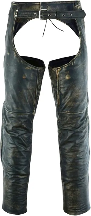 Dream Apparel Mens Distressed Brown Leather Motorcycle Riding Chaps with Zip Out Liner, Cowboy Biker Chaps Pants W/ 4 Pockets