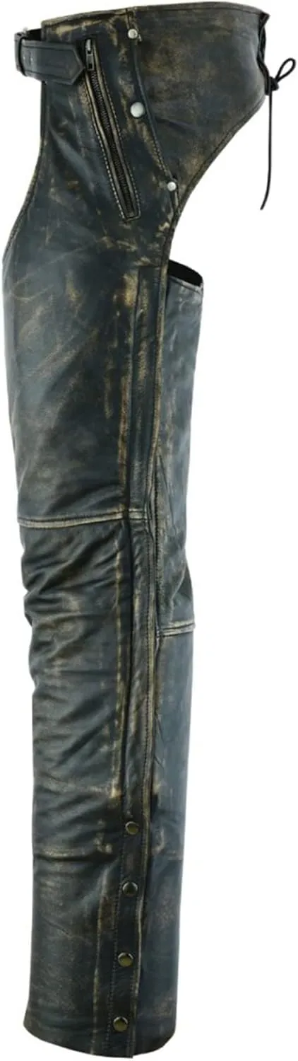 Dream Apparel Mens Distressed Brown Leather Motorcycle Riding Chaps with Zip Out Liner, Cowboy Biker Chaps Pants W/ 4 Pockets