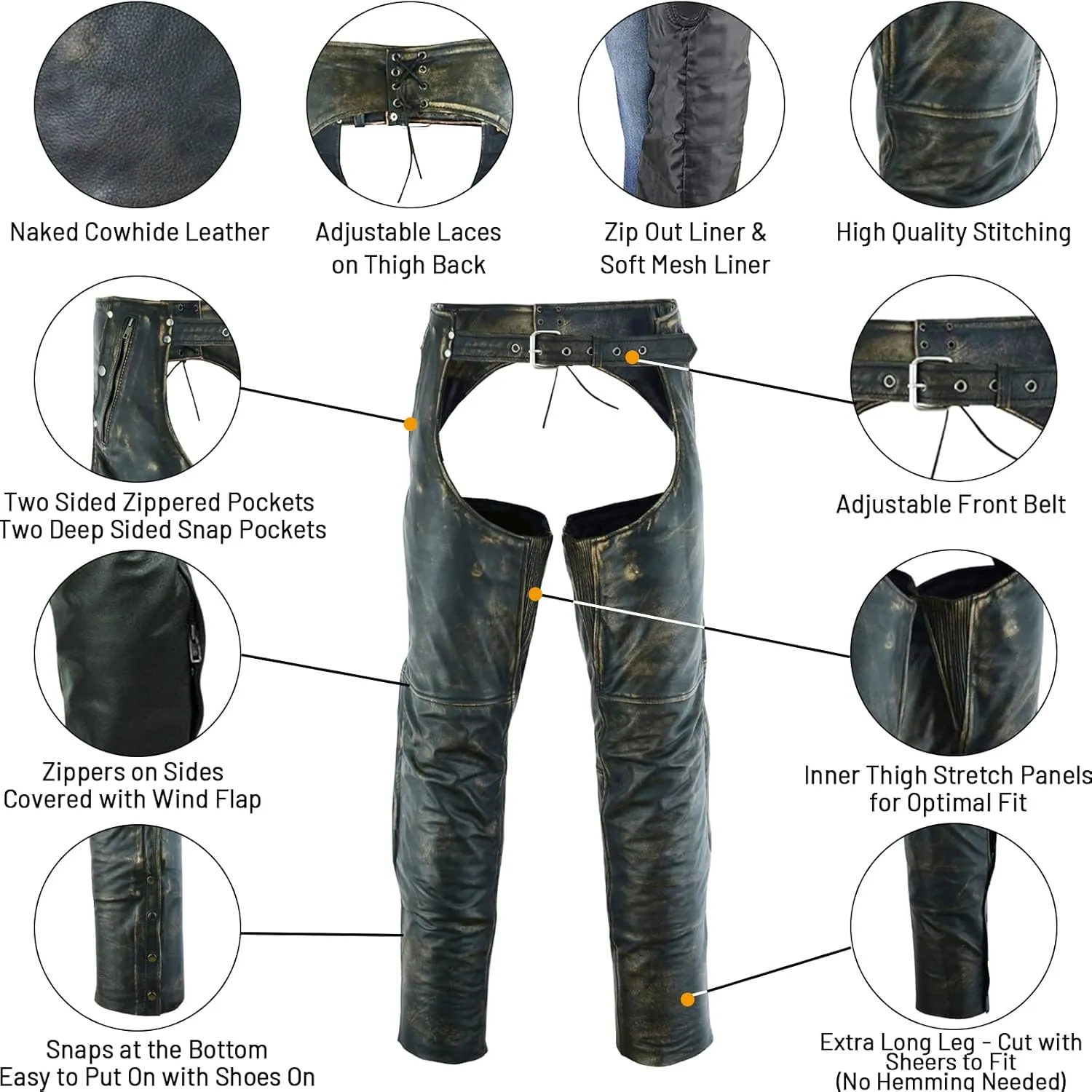 Dream Apparel Mens Distressed Brown Leather Motorcycle Riding Chaps with Zip Out Liner, Cowboy Biker Chaps Pants W/ 4 Pockets