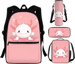 Dreaweet Axolotl Backpack for Girls with Lunch Box and Water Bottle Sleeve Pencil Case 4 In 1 Kids School Bag Set Pink Cute Animal Book Bag 5th Grade Bookbag Lunch Bag Combo