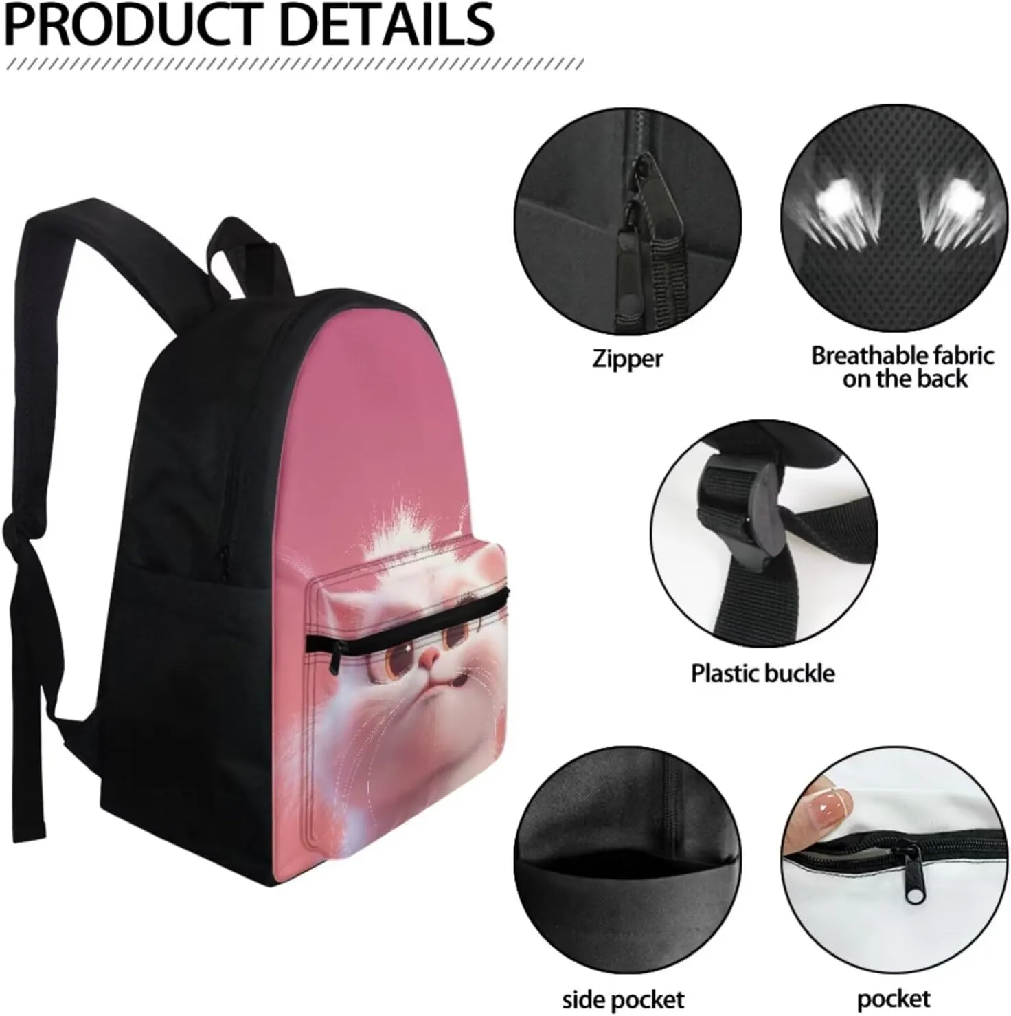 Dreaweet Cat Backpack with Lunch Box Kids Girls School Bag Lunchbox Water Bottle Sleeve Pencil Case 4 in 1 Kids Bookbag Set Cute Animal Book Bag Lunch Bag Combo Pink