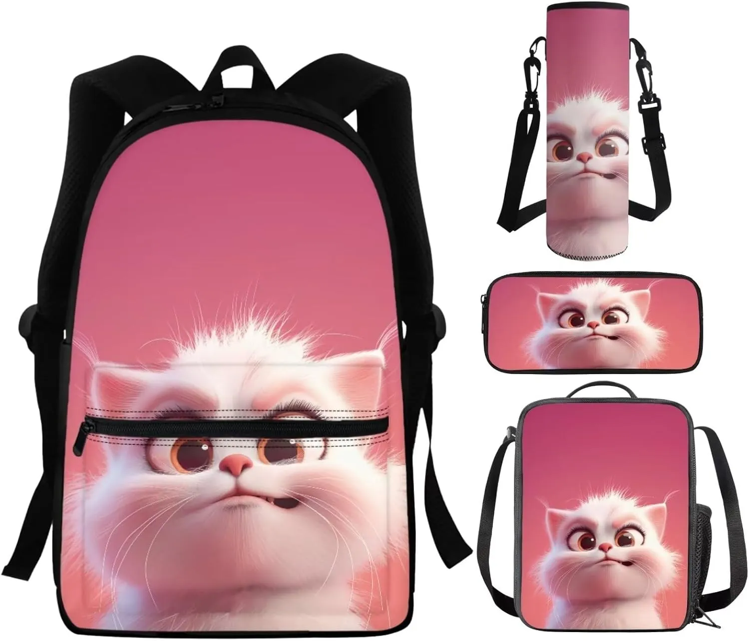Dreaweet Cat Backpack with Lunch Box Kids Girls School Bag Lunchbox Water Bottle Sleeve Pencil Case 4 in 1 Kids Bookbag Set Cute Animal Book Bag Lunch Bag Combo Pink