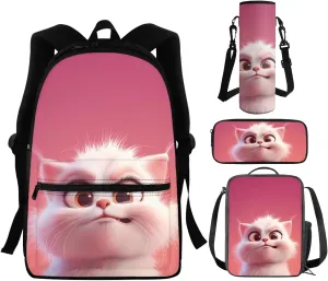 Dreaweet Cat Backpack with Lunch Box Kids Girls School Bag Lunchbox Water Bottle Sleeve Pencil Case 4 in 1 Kids Bookbag Set Cute Animal Book Bag Lunch Bag Combo Pink