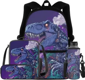 Dreaweet Cyber Dinosaur Bookbag for Kids 8-12 Boys Backpack with Lunchbox and Pencil Case & Water Bottle Sleeve 4 in 1 Elementary School Bag Set 4th Grade/5th Grade School Supplies
