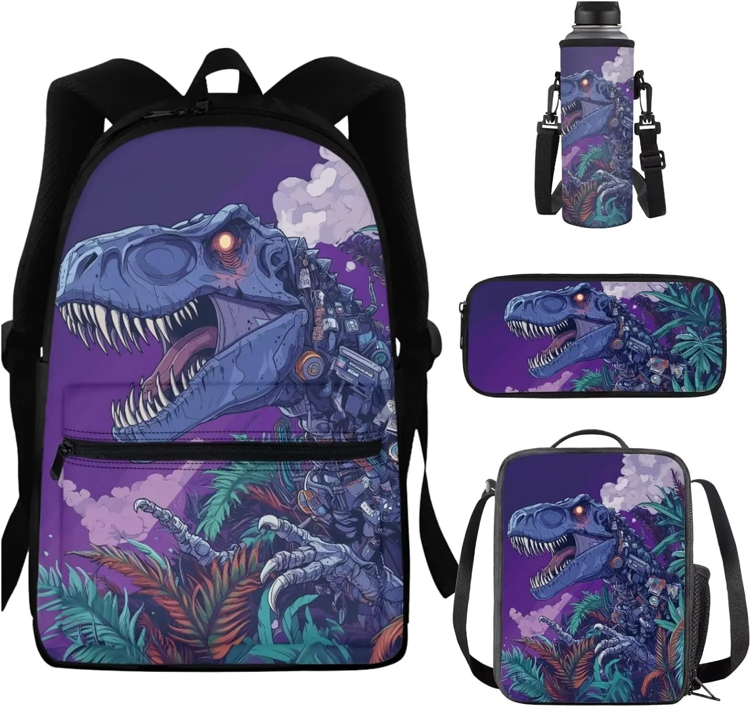 Dreaweet Cyber Dinosaur Bookbag for Kids 8-12 Boys Backpack with Lunchbox and Pencil Case & Water Bottle Sleeve 4 in 1 Elementary School Bag Set 4th Grade/5th Grade School Supplies