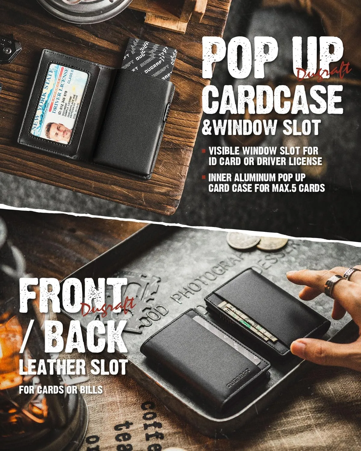 DUGRAFT Mens Bifold Card Holder with Aluminum POP UP Credit Card Ejector RFID Blocking, ID Window and 2 Extra Card Slots, Gift Box Packed, Black