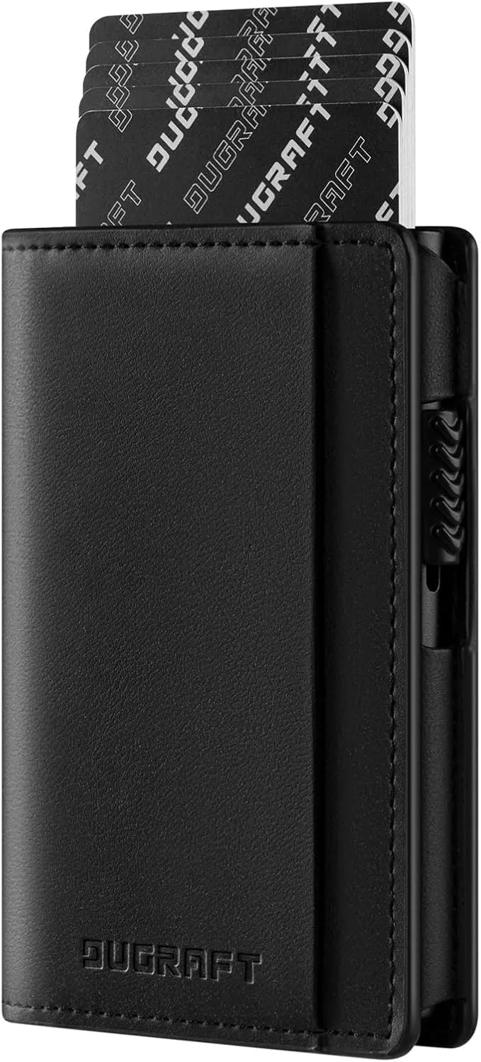 DUGRAFT Mens Bifold Card Holder with Aluminum POP UP Credit Card Ejector RFID Blocking, ID Window and 2 Extra Card Slots, Gift Box Packed, Black