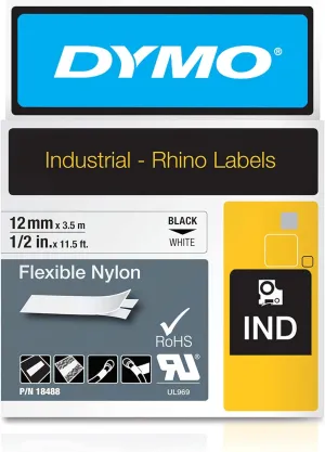 DYMO Rhino Industrial Flexible Nylon Labels, 1/2" x 11.5', Black Print on White Tape