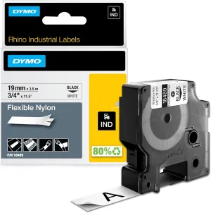 DYMO Rhino Industrial Flexible Nylon Labels, 3/4" x 11.5', Black Print on White Tape