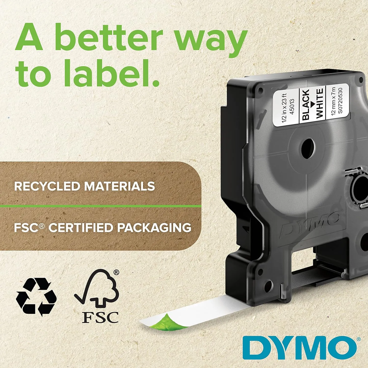 DYMO Rhino Industrial Flexible Nylon Labels, 3/4" x 11.5', Black Print on White Tape