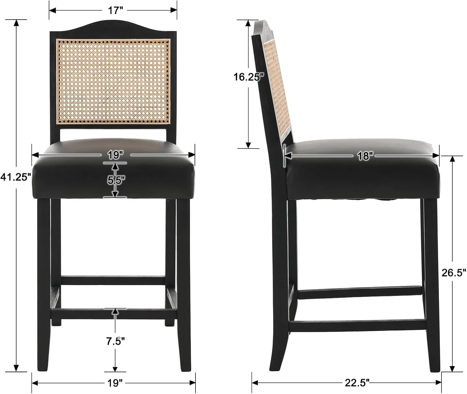 EALSON Counter Height Bar Stools Set of 2 Farmhouse Barstools with Rattan Back Comfortable Leather Upholstered Bar Chairs Mid Century Wood Breakfast Bar Stool Chairs for Kitchen Island, Black 26 Inch