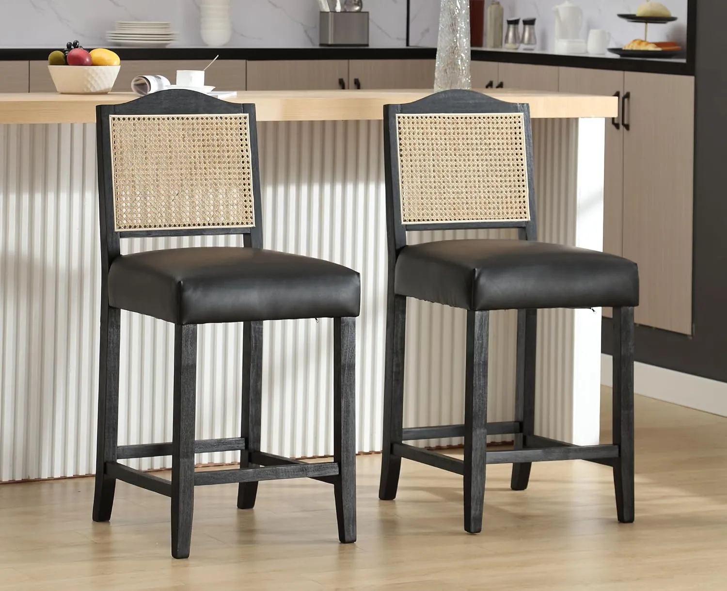 EALSON Counter Height Bar Stools Set of 2 Farmhouse Barstools with Rattan Back Comfortable Leather Upholstered Bar Chairs Mid Century Wood Breakfast Bar Stool Chairs for Kitchen Island, Black 26 Inch